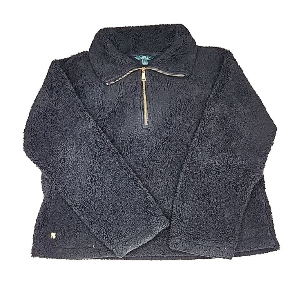 Ralph Lauren Womens 1/4 Zip Sherpa Puffy Fleece Jacket, Black, Size Medium EUC